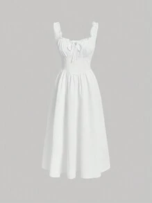 SHEIN MOD Solid Tie Front Milkmaid Dress,White Graduation Dress