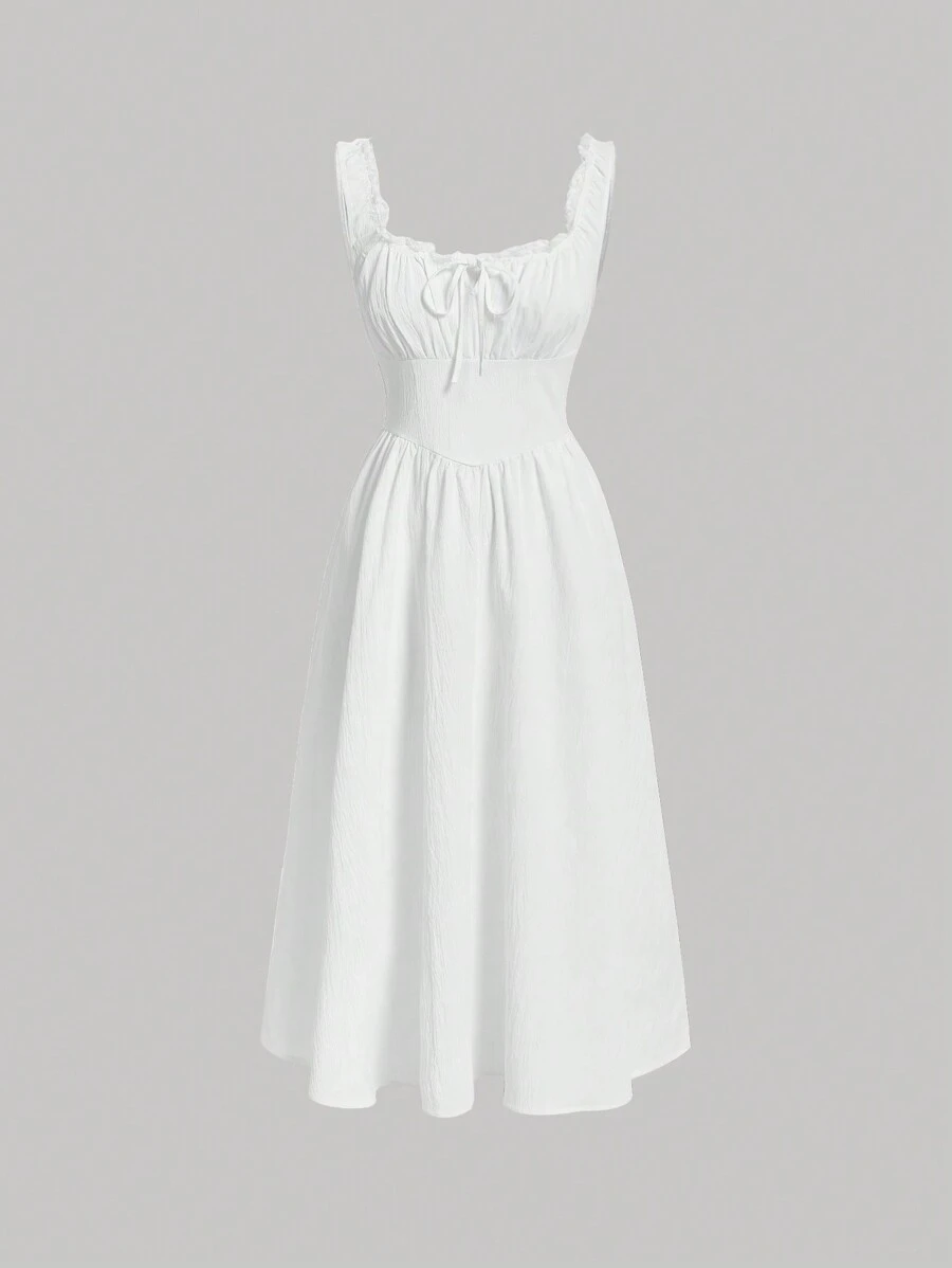 SHEIN MOD Solid Tie Front Milkmaid Dress,White Graduation Dress