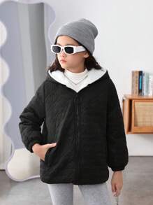 SHEIN Cô gái Tween Dây kéo Thả vai Lót Teddy Áo trùm đầu - Đen và trắng - Xem 3