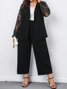SHEIN CURVE+ 大碼蕾絲拼接西裝外套和褲子 - 黑色 - 查看 3