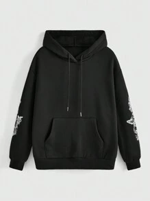 ROMWE Fairycore Butterfly Print Drop Shoulder Hoodie - Black - View 5