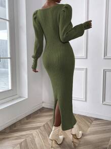 Chiquease Square Neck Lantern Sleeve Sweater Dress Fall Winter Cloth For Women - Army Green - View 2