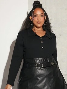 SHEIN CURVE+ Plus Polo Neck Ribbed Knit Tee - Black - View 3