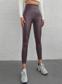 RueChic 淨色寬帶腰部 PU 打底褲 - 紫色 - 查看 3