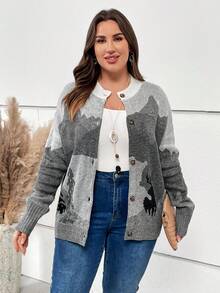 EMERY ROSE Plus Tree Pattern Drop Shoulder Cardigan - Grey - View 3