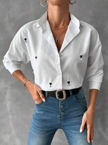 SHEIN Cottnline Heart Embroidery Drop Shoulder Shirt - White - View 3