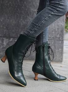 Vintage Green Block Heel Lace-up Shoes With Cat Pattern, Autumn/winter, Women's Fashionable Boots - Dark Green - View 3