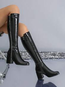 Women's Fashionable Black Rhinestone Decor Chunky Heel High-knee Boots With Side Zipper - Black - View 3