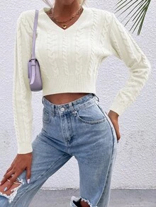 SHEIN LUNE Jersey crop unicolor tejido de cable - Beis - Ver 3