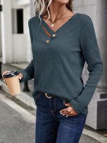 SHEIN LUNE 紐扣細節V領T恤 - 藏蓝色 - 查看 4