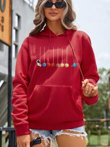 SHEIN LUNE 星球印花袋鼠口袋抽繩加絨內裏連帽衫 - 紅色 - 查看 6
