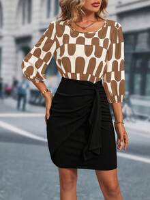 SHEIN LUNE Geo Print Lantern Sleeve Knot Side Wrap Hem Dress - Multicolor - View 3
