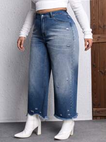 SHEIN LUNE Plus High Waist Ripped Raw Cut Wide Leg Jeans - Light Wash - View 4