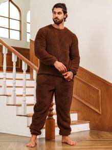Men Solid Teddy PJ Set - Brown - View 7