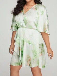 SHEIN Privé 大碼大理石圖案荷葉邊圍裹側打結洋裝 - 綠色 - 查看 4