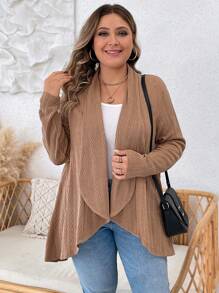 SHEIN LUNE 大碼開門襟不對稱下擺外套 - 卡其色 - 查看 1