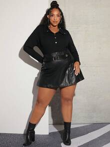 SHEIN CURVE+ Plus Polo Neck Ribbed Knit Tee - Black - View 5