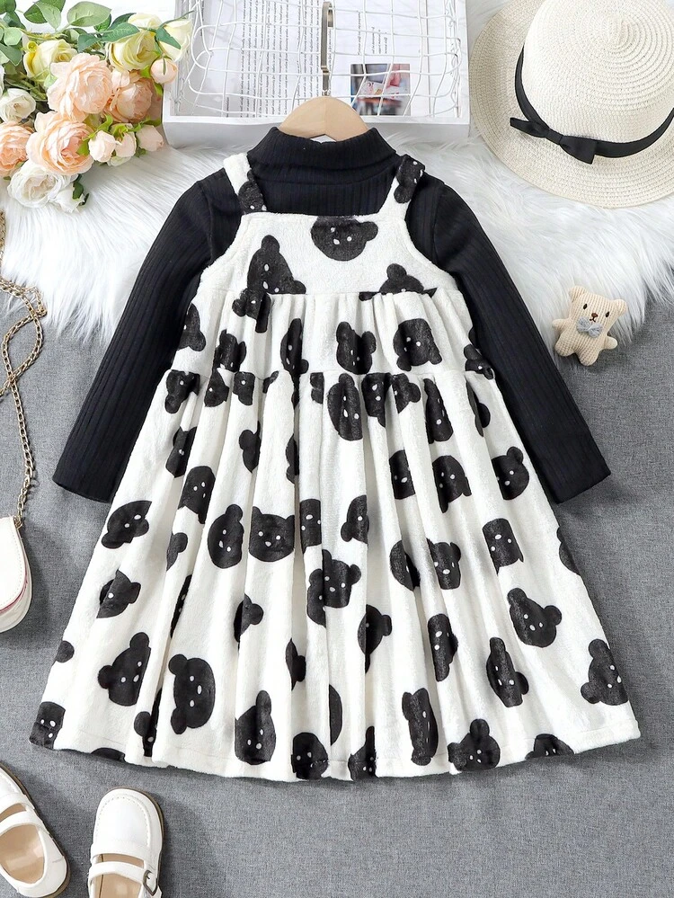 Young Girl Mock Neck Tee & Bear Print Dress