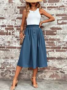 SHEIN LUNE 紙袋腰鈕扣斜袋半身裙 - 霧霾藍 - 查看 6