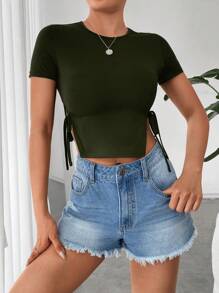 SHEIN EZwear Solid Knot Side Split Hem Tee - Army Green - View 1