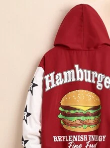SHEIN Tween Boy Hamburger & Letter Graphic Two Tone Hooded Jacket - Red - View 4