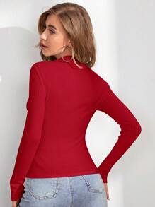 SHEIN Essnce Zip Half Placket Rib-knit Tee - Rose Red - View 2