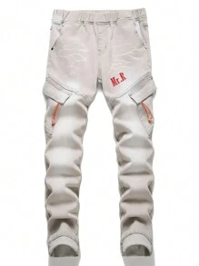 Tween Boy Letter Graphic Flap Pocket Cargo Jeans - Grey - View 1