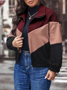 SHEIN LUNE Plus Color Block Drop Shoulder Teddy Jacket - Multicolor - View 8