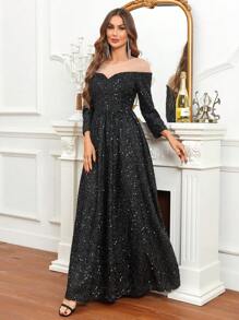 SHEIN Belle Off Shoulder Sequin Formal Dress - Black - View 5