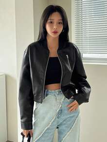 DAZY Cazadora tipo bomber con cremallera PU - Negro - Ver 6