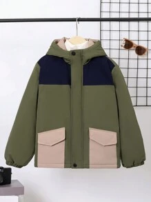 SHEIN Tween Boy 1pc Colorblock Flap Pocket Zipper Hooded Trench Coat