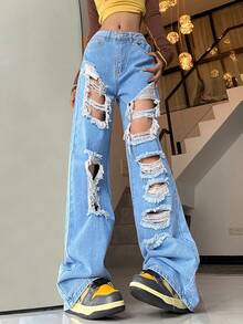 Quần jean ống rộng rách - Rửa trung bình - Xem 3