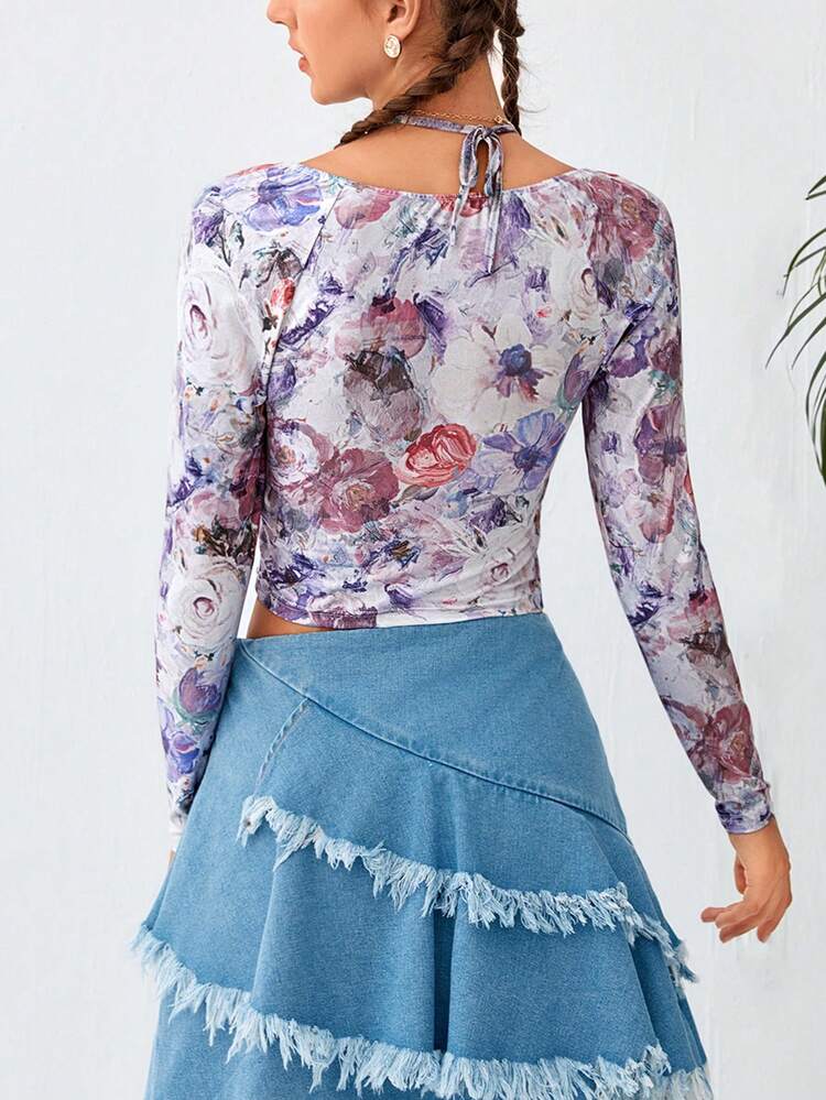 Floral Print Tie Back Crop Tee