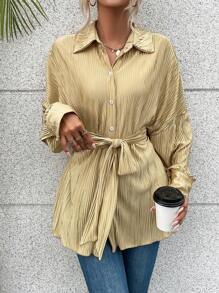 SHEIN Essnce 落肩袖腰帶襯衫 - 香檳色 - 查看 1