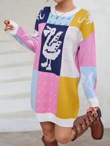 SHEIN Unity 字母圖案拼色落肩毛衣洋裝 - 彩色 - 查看 6