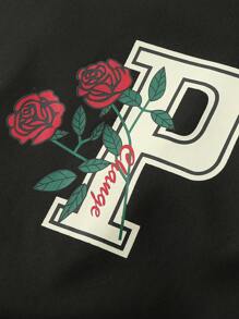 Manfinity Campus Court Loose Fit Men's Striped Trim Floral & Letter Print Bomber Jacket Without Hood - Black - View 5