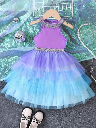 SHEIN Glamorique Kids 女小童網紗拼接層疊下擺掛脖洋裝