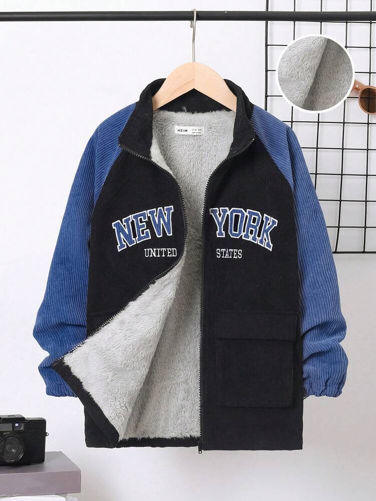 Tween Boy Letter Embroidered Colorblock Raglan Sleeve Thermal Lined Coat