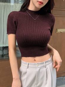 DAZY Top Corto De Punto Con Cuello Simulado - Burdeos - Ver 1