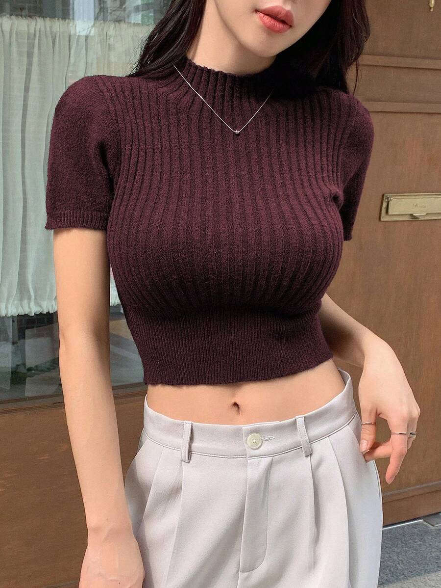 DAZY Top Corto De Punto Con Cuello Simulado - Burdeos - Ver 1