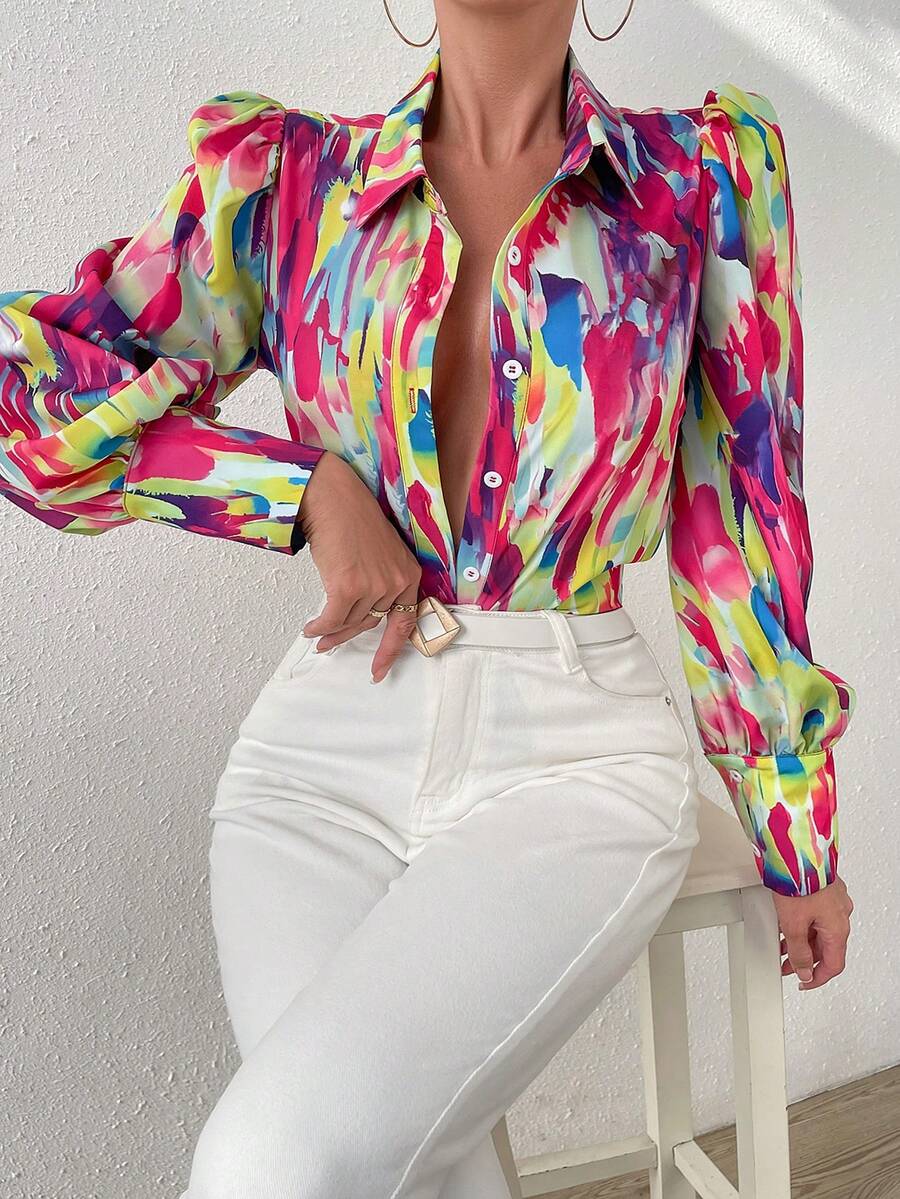 SHEIN LUNE Áo sơ mi tay phồng phía trước có nút in toàn bộ - Nhiều màu - Xem 1