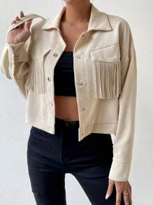 Chiquease Chaqueta corta con hombros caídos y bolsillo con solapa y ribete de flecos - Beis - Ver 4