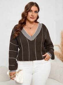 SHEIN LUNE 加大码条纹图案落肩针织套头衫秋冬毛衣 - 咖啡棕 - 查看 5