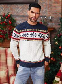 Manfinity Homme Men Geo Pattern Graphic Color Block Cable Knit Casual Pullover Long Sleeve Sweater, For Party, Friends, Christmas - Multicolor - View 1
