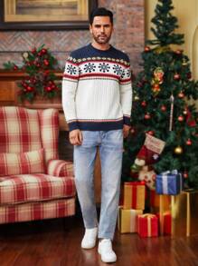 Manfinity Homme Men Geo Pattern Graphic Color Block Cable Knit Casual Pullover Long Sleeve Sweater, For Party, Friends, Christmas - Multicolor - View 3