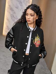 Teen Girl 1pc Letter & Dragon Graphic Striped Trim Drop Shoulder Varsity Jacket - Black - View 6