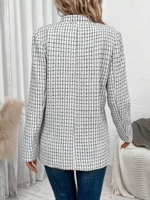 SHEIN LUNE Plaid Open Front Tweed Overcoat - Black and White - View 2