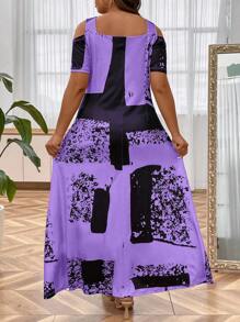 Plus Graphic Print Cold Shoulder Dress Maxi Women Outfit - Purple - View 2