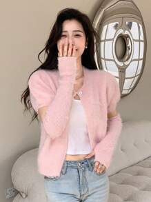 DAZY Áo len lông xù có nút phía trước có tay áo - Hồng - Xem 5