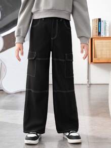 Tween Girls' Woven Solid Color Wide Leg Pants With Loose Fit And Double Patch Pockets - Black - View 1